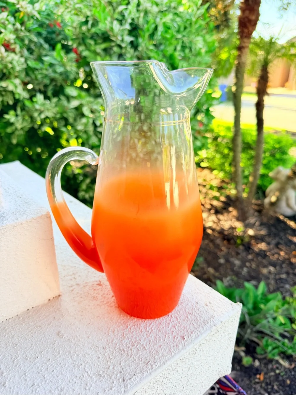 Vintage Orange Ombré Art Glass Pitcher Clear Applied Handle Wavy Rim